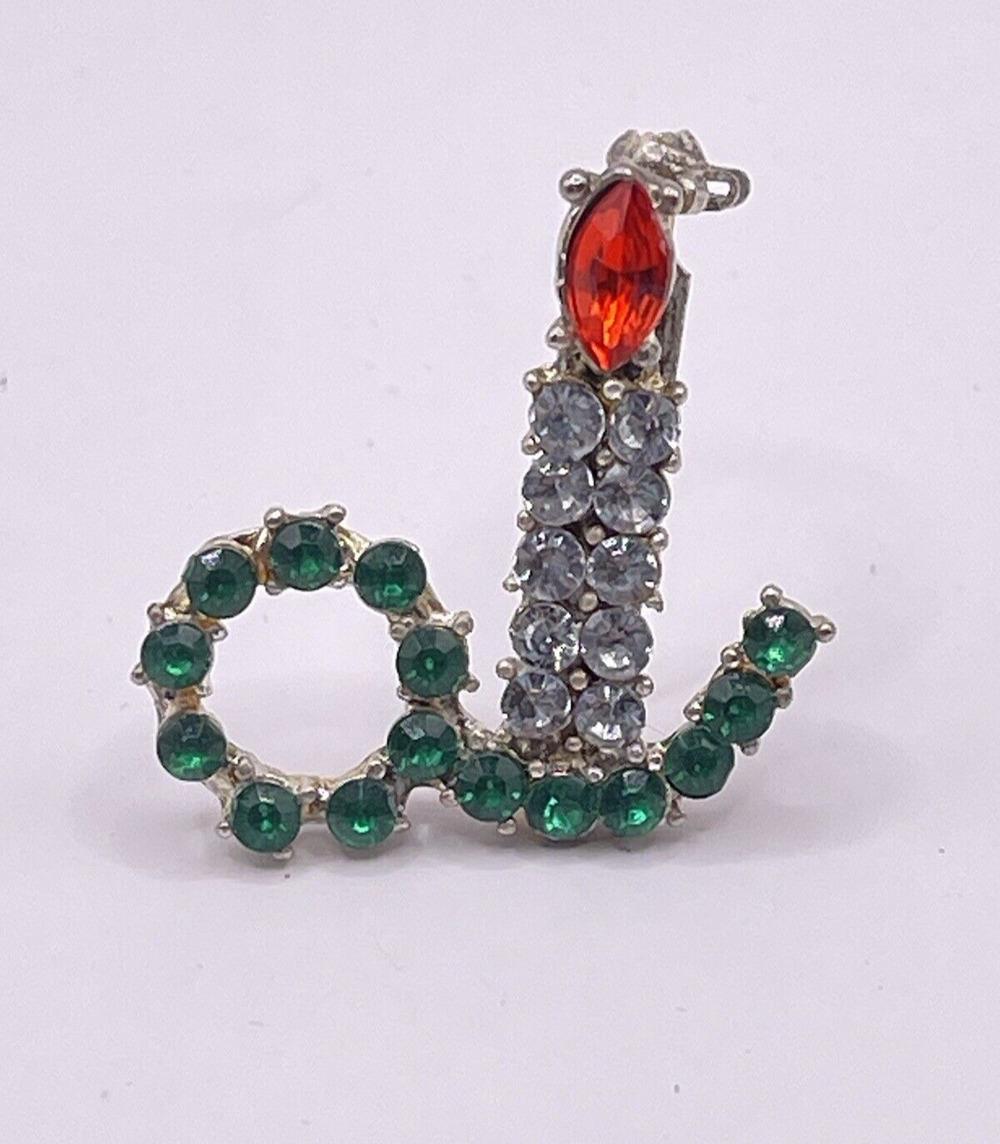 Vintage Mini Christmas Pin Candle Candlestick Rhinestone Brooch Gift 1.25"